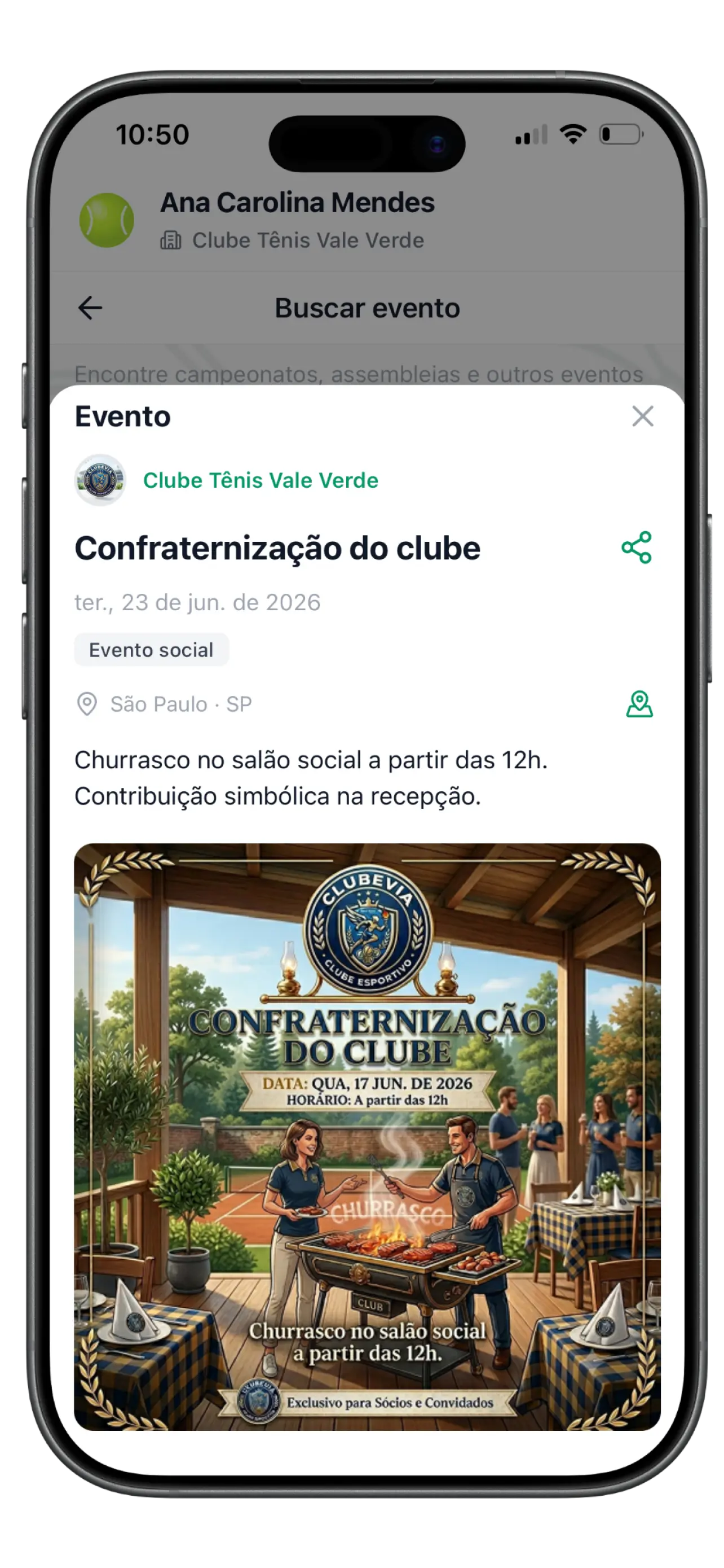 Tela Eventos no app Clubevia para divulgar e descobrir eventos por cidade e proximidade